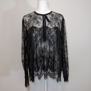 THE KOOPLES Sheer Lace Top Ribbon Blouse Peplum Black Whimsy Goth Large